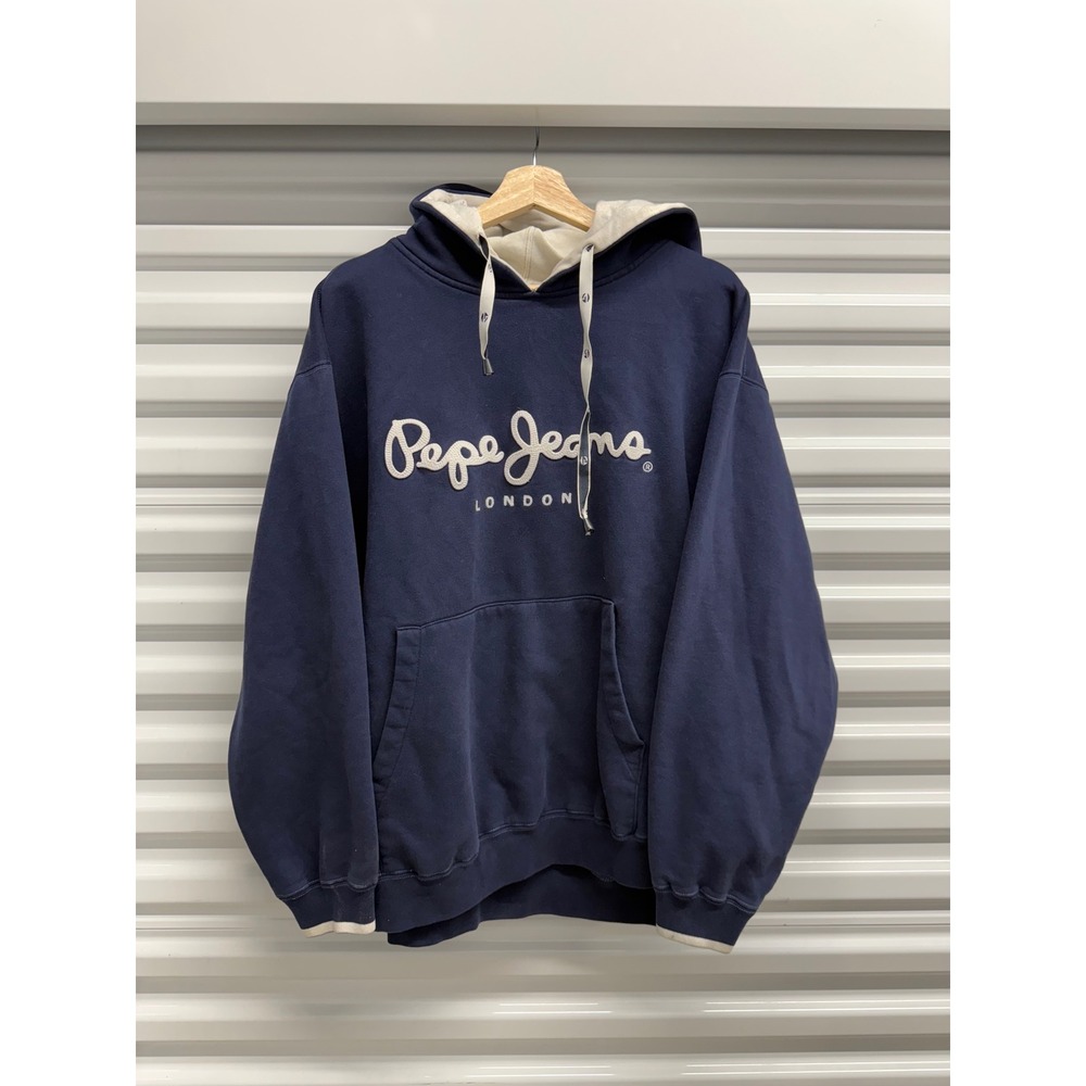 Pepe Jeans London Mens XL Navy Blue Embroidered Spellout Logo Hoodie Pullover